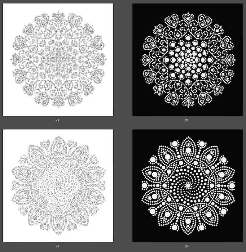 May include: Four black and white images of mandala designs. Each design is made up of circles and swirls. The designs are numbered 21, 22, 23, and 24.