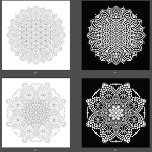 May include: Four black and white images of mandala designs. Each image shows a different mandala design with a circular pattern of dots and lines. The designs are symmetrical and intricate.