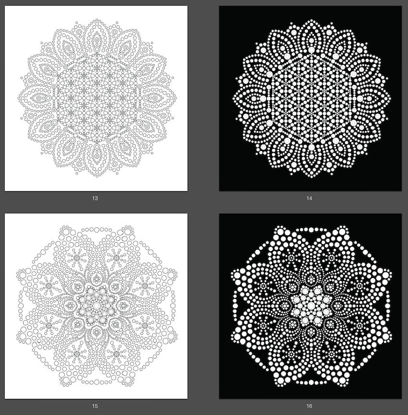 May include: Four black and white images of mandala designs. Each image shows a different mandala design with a circular pattern of dots and lines. The designs are symmetrical and intricate.