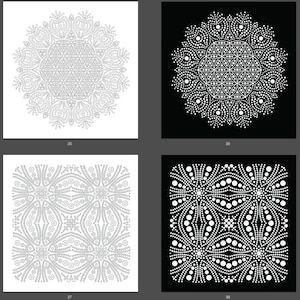 May include: Four black and white images of circular and square patterns made of small dots. The patterns are intricate and symmetrical.
