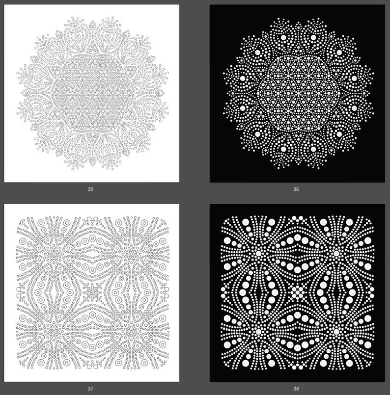 May include: Four black and white images of circular and square patterns made of small dots. The patterns are intricate and symmetrical.