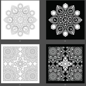 May include: Four black and white mandala designs. The first two designs are circular and feature a central Om symbol surrounded by smaller circles and symbols. The last two designs are square and feature a repeating pattern of circles and symbols.