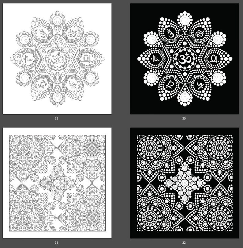 May include: Four black and white mandala designs. The first two designs are circular and feature a central Om symbol surrounded by smaller circles and symbols. The last two designs are square and feature a repeating pattern of circles and symbols.