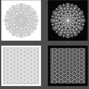May include: Four black and white images of geometric patterns. The top left image is a mandala with a white background. The top right image is a mandala with a black background. The bottom left image is a repeating pattern of circles and lines with a white background. The bottom right image is a repeating pattern of circles and lines with a black background.