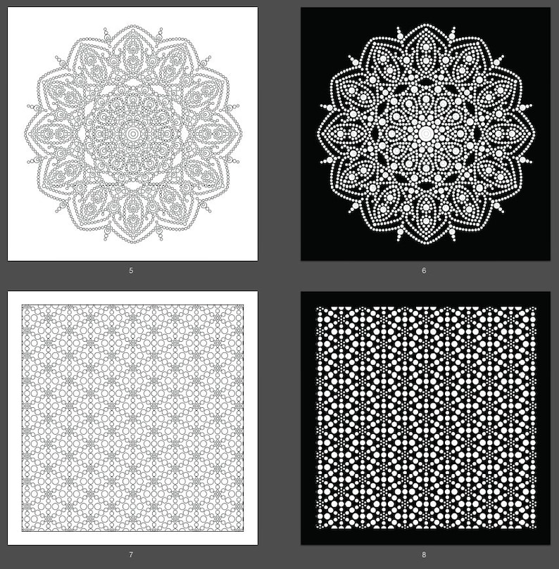 May include: Four black and white images of geometric patterns. The top left image is a mandala with a white background. The top right image is a mandala with a black background. The bottom left image is a repeating pattern of circles and lines with a white background. The bottom right image is a repeating pattern of circles and lines with a black background.
