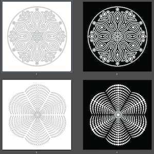 May include: Four black and white images of mandala designs created with dots. The first two images are circular mandalas, the third image is a flower-shaped mandala, and the fourth image is a flower-shaped mandala on a black background.