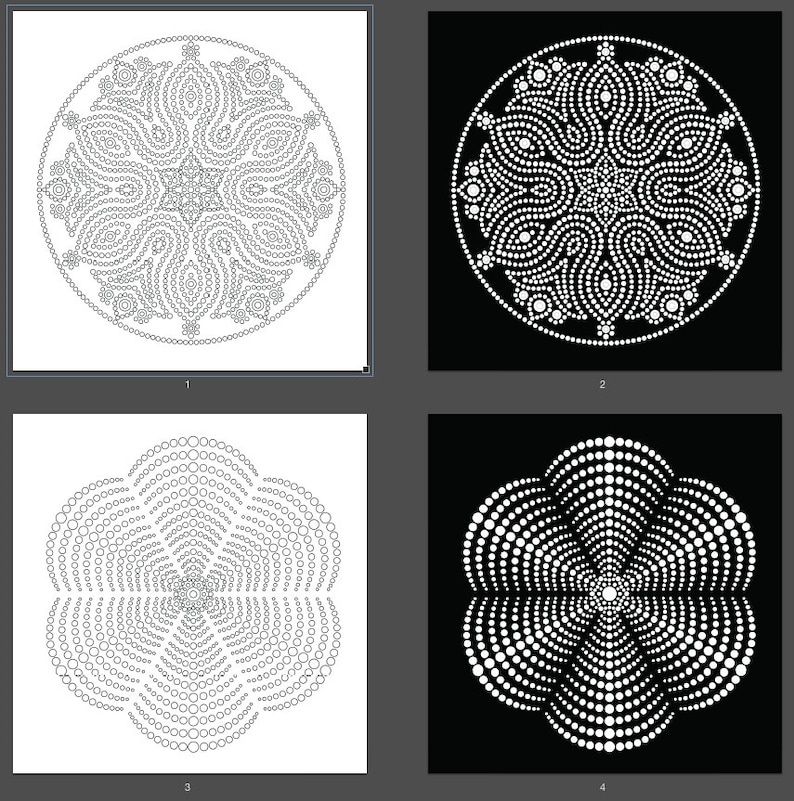 May include: Four black and white images of mandala designs created with dots. The first two images are circular mandalas, the third image is a flower-shaped mandala, and the fourth image is a flower-shaped mandala on a black background.