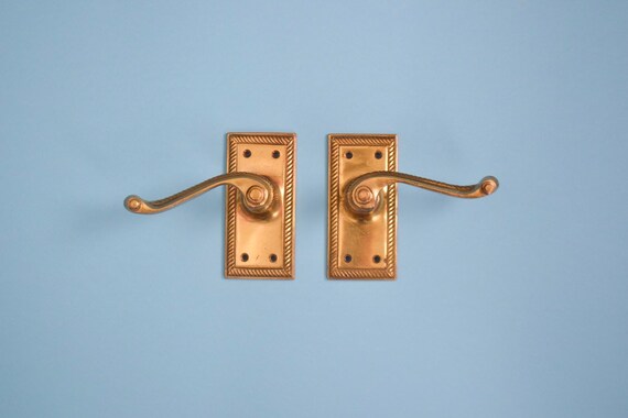 Vintage Set Of Old Room Door Handles Mortice Scroll Lever Brass Georgian Rope Edge