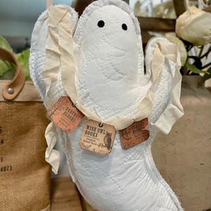 May include: A white quilted fabric ghost ornament featuring two black circular eyes and a cream-colored ribbon draped across the front. Three small rectangular cardboard tags are attached to the ribbon, reading Harvest Blooms, Wise Owl Books, and Starry Night.