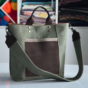 Tas van gewaxte canvas, draagtas met leren riemen, groene gewaxte canvas tas, waterdichte tas