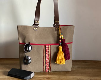 Waxed Canvas and Leather Shoulder Tote Bag for Women / Casual Bag Handmade / Brown Canvas Tote Bag with Pockets