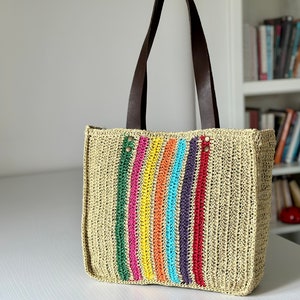 Striped Tote Bag, Straw Bag, Leather Handles, Medium Shoulder Bag, Crochet Handbag