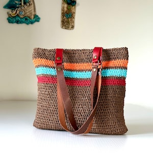 Handmade Straw Tote Bag with Leather Handles – Crochet Boho Beach Bag – Woven Summer Bag – Colorful Paper Yarn Purse – Medium Shoulder Bag