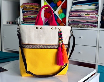 Canvas Crossbody Bag, Hobo Bag, Cute Tote Bag, Yellow Sling Bag, Canvas Shoulder Bag, Hippie Bag, Handmade Bags, Tablet Weaving