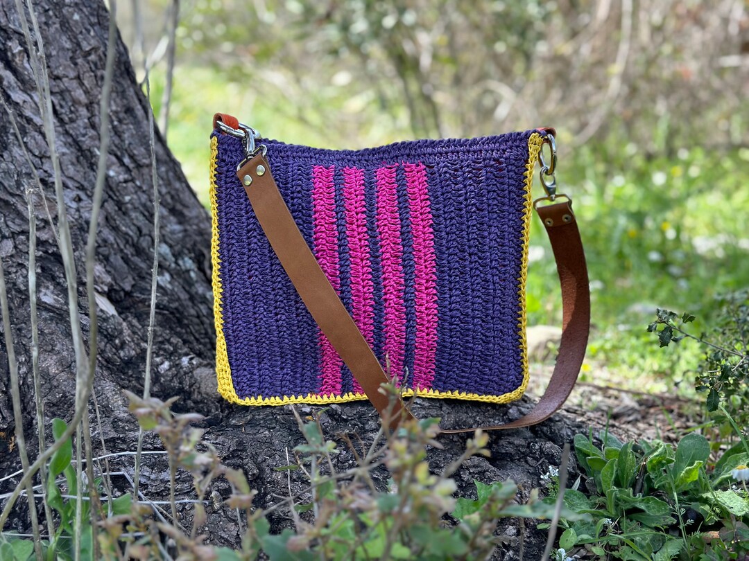 Purple Tote Bag, Crochet Tote Bag, Straw Handbag, Striped Crossbody Bag, Hobo Bag Etsy