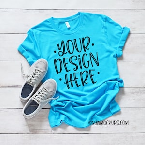 Turquoise t-shirt Mockup, Bella Canvas 3001, flatlay, blank tshirt display, styled stock photography, unisex, women, instant download image 1