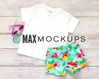 Kids white shirt MOCKUP, flatlay, blank t-shirt, product display, shorts and sunglasses mock up, styled stock photography, instant download