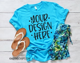 Turquoise t-shirt Mockup, Bella Canvas 3001, flatlay, blank tshirt sandals summer display, styled shirt photography, women, downloadable