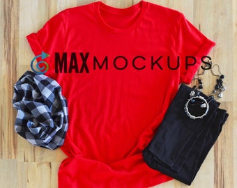 Red t-shirt MOCKUP, shirt flatlay,  grays and black styled shirt mockup display, stock photography, Bella Canvas