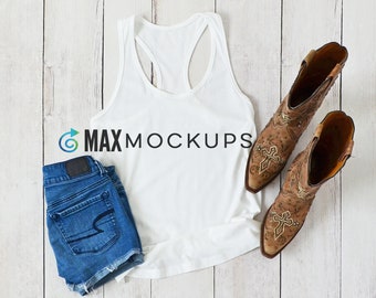 White Tank top MOCKUP, flatlay, blank shirt display, country summer shorts and cowboy boots, styled stock photography