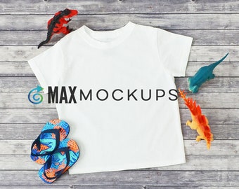 Kids shirt MOCKUP, dinosaur toys flatlay, white blank shirt boy or girl display, styled stock photography, digital download