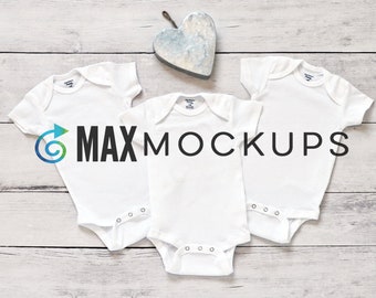 3 White Baby Bodysuits MOCKUP, short sleeve, flatlay, infant blanks display, styled stock photography, instant digital download