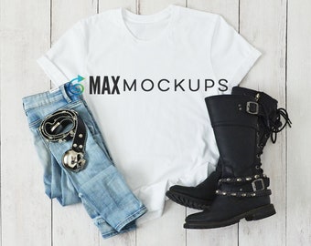 White t-shirt MOCKUP, jeans boots biker black leather theme, women white shirt flatlay display, styled stock photography, motorcycle digital