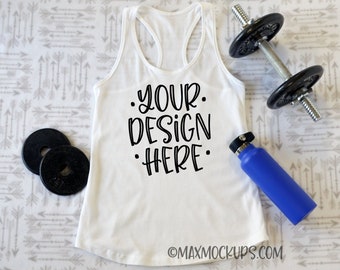 Workout tank MOCKUP, Racerback Next Level, flatlay, white blank tank, product display, gym, weights, women, instant download