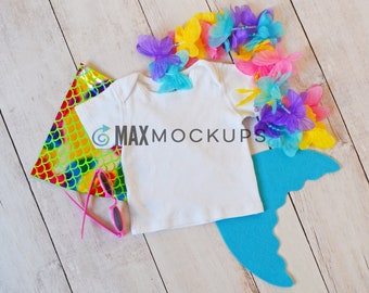 Kids shirt MOCKUP, blank white t-shirt flatlay, product display, girl mermaid styled stock photography image, birthday mockup