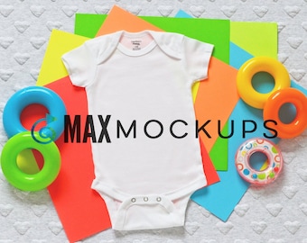 White baby bodysuit MOCKUP, flatlay, infant blank display, colorful background, styled stock photography, instant download
