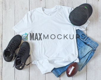 White t-shirt MOCKUP, guys, men shirt flatlay, blank tshirt display, styled stock photography, jeans shoes, football, digital download