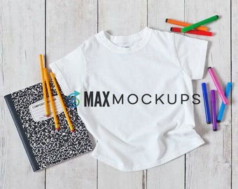 Kids t-shirt MOCKUP, flatlay, blank white shirt, back to school product display, girl boy kid, styled stock photography, instant download
