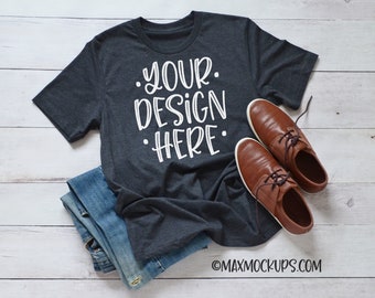 Gray t-shirt Mockup, guys Bella Canvas men theme grey flatlay, blank tshirt display, styled shirt photography, jeans shoes, downloadable