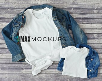 White t-shirt and baby shirt MOCKUP,  2 blank shirts and denim jackets flatlay, styled stock photography, instant download