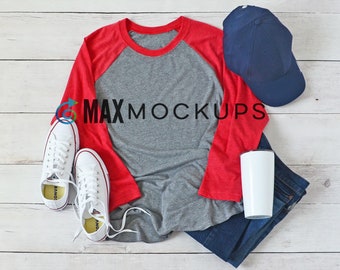 Gray and red raglan shirt MOCKUP, three quarter sleeve, baseball shirt flatlay, blank image, styled shirt photography, hat shoes coffee