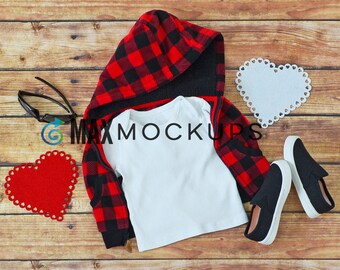 Kids shirt MOCKUP, Valentine red hearts and buffalo plaid flatlay, white blank shirt display, styled stock photography, digital download