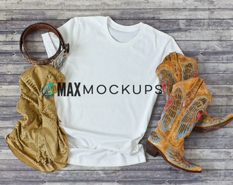 White t-shirt MOCKUP, cowboy boots, flatlay display, white shirt styled stock photography, women, spring summer country western