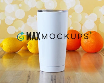 White Tumbler MOCKUP, fun citrusy lemons and oranges styled stock photography, cup, instant digital download