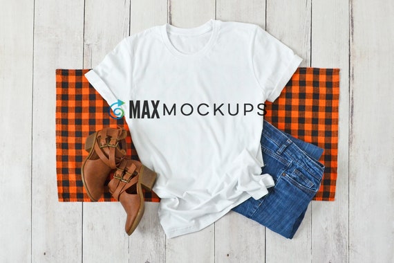 White T Shirt Mockup Fall Or Halloween Plaid Bella V Neck Etsy