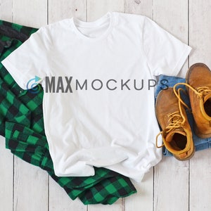 White t-shirt MOCKUP, guys, men flannel jeans work boots flatlay, blank tshirt display, styled stock photography, digital download image 1