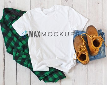 White t-shirt MOCKUP, guys, men flannel jeans work boots flatlay, blank tshirt display, styled stock photography, digital download