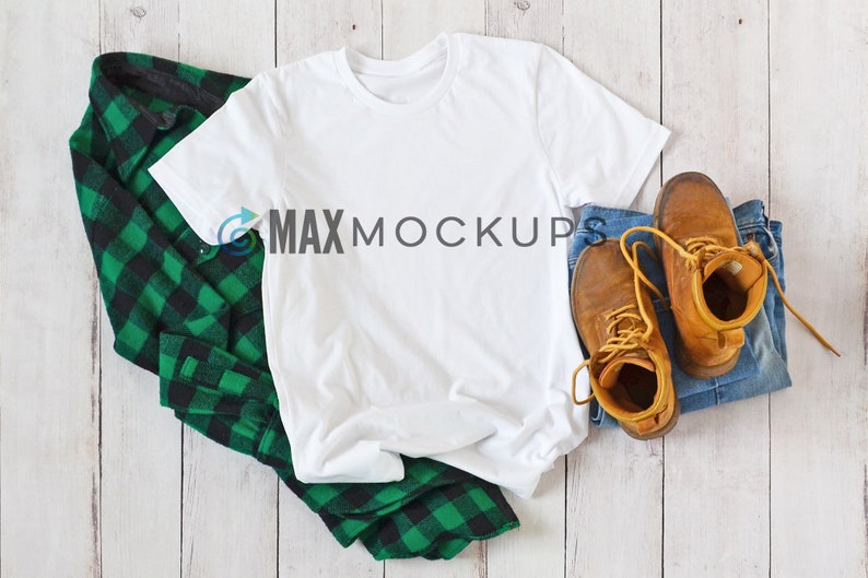 White t-shirt MOCKUP, guys, men flannel jeans work boots flatlay, blank tshirt display, styled stock photography, digital download image 1