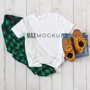 White t-shirt MOCKUP, guys, men flannel jeans work boots flatlay, blank tshirt display, styled stock photography, digital download image 2