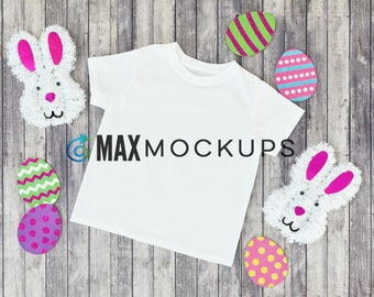 Kids shirt Easter MOCKUP, flatlay, blank t-shirt product display, Easter eggs and bunny styled stock photography, girl or boy, digital