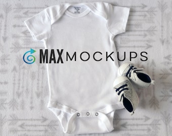 White baby bodysuit mockup, short sleeve, flatlay, infant blank display, grey arrows background and shoes, instant download