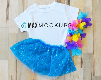 Kids shirt MOCKUP, white t-shirt flatlay, summer product display, girl, blue tutu styled stock photography image, digital design