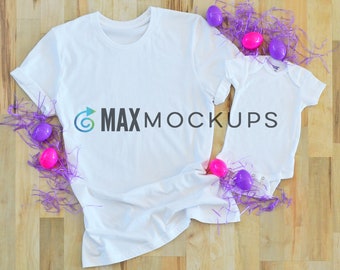 Easter shirt and baby bodysuit MOCKUP, purple and pink Easter eggs styled flatlay photography, digital JPG