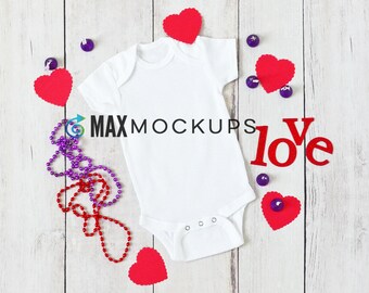 Baby bodysuit mockup, Valentines love, styled stock photography, infant blank product flatlay display with hearts, digital mock up