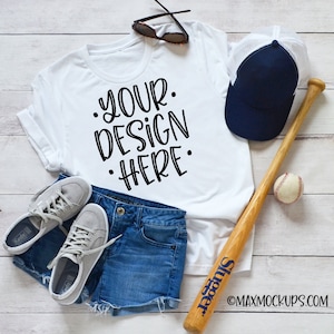 White t-shirt baseball Mockup, Bella Canvas unisex women, flatlay, blank tshirt, styled shirt photography, hat shorts bat summer, download image 1