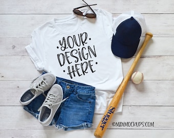 White t-shirt baseball Mockup, Bella Canvas unisex women, flatlay, blank tshirt, styled shirt photography, hat shorts bat summer, download